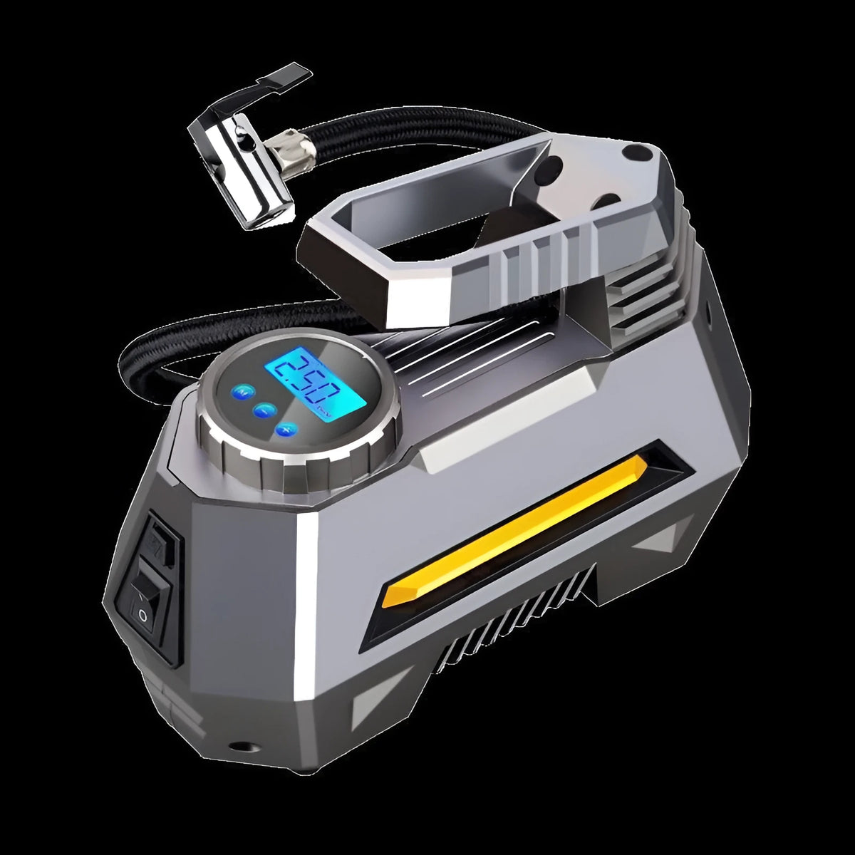 Multi-function car tyre inflator with digital display, LED flashlight, and 10-foot power cord on a tyre