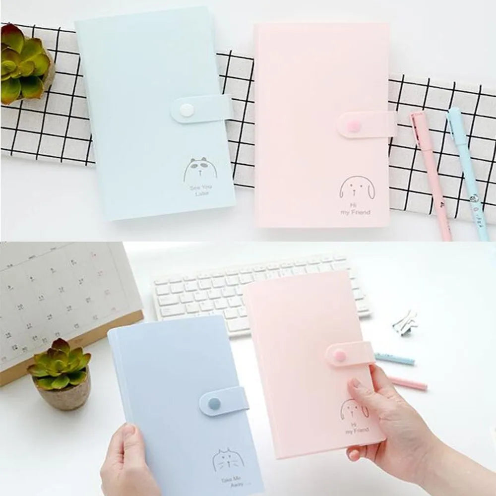 Blue PVC and PP business card holder book with protective shell, showing smile logo and insert slots.
