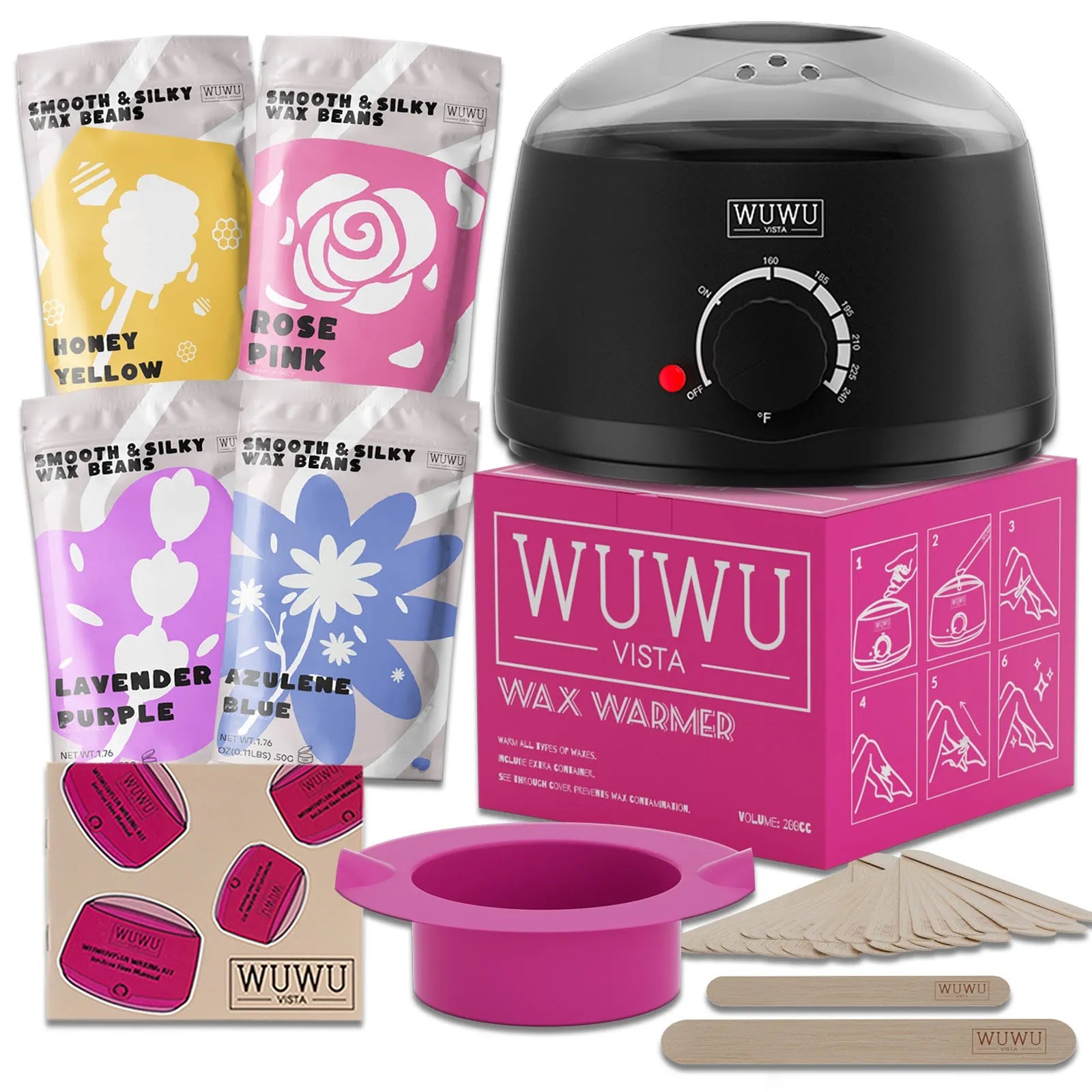 WUWUVISTA 27-piece hypoallergenic wax kit with machine, wax beads, sticks, and guidebook in black or pink.