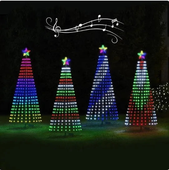 Multi-colour LED animated outdoor Christmas tree lights wrapped around a garden tree branch.