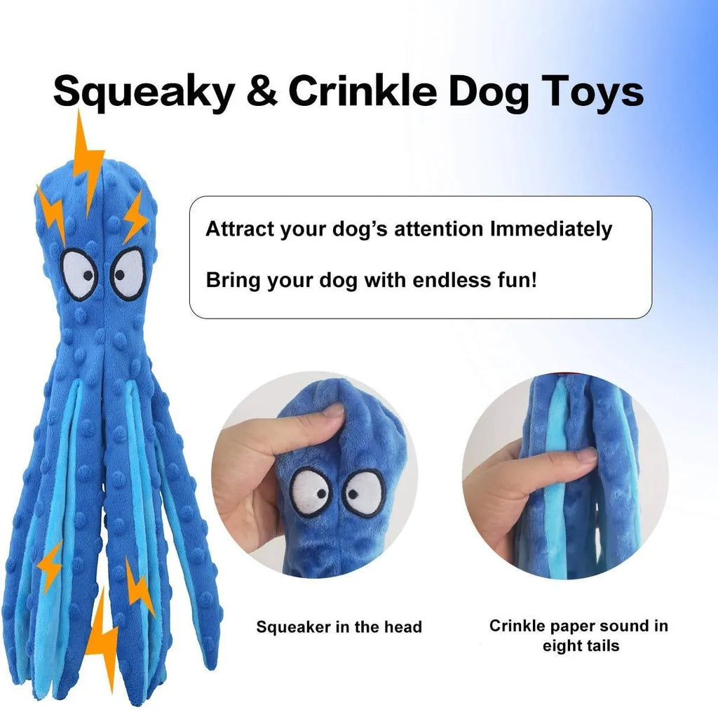 Blue octopus-shaped dog chew toy with tentacles, no stuffing, crinkle and squeaker sounds