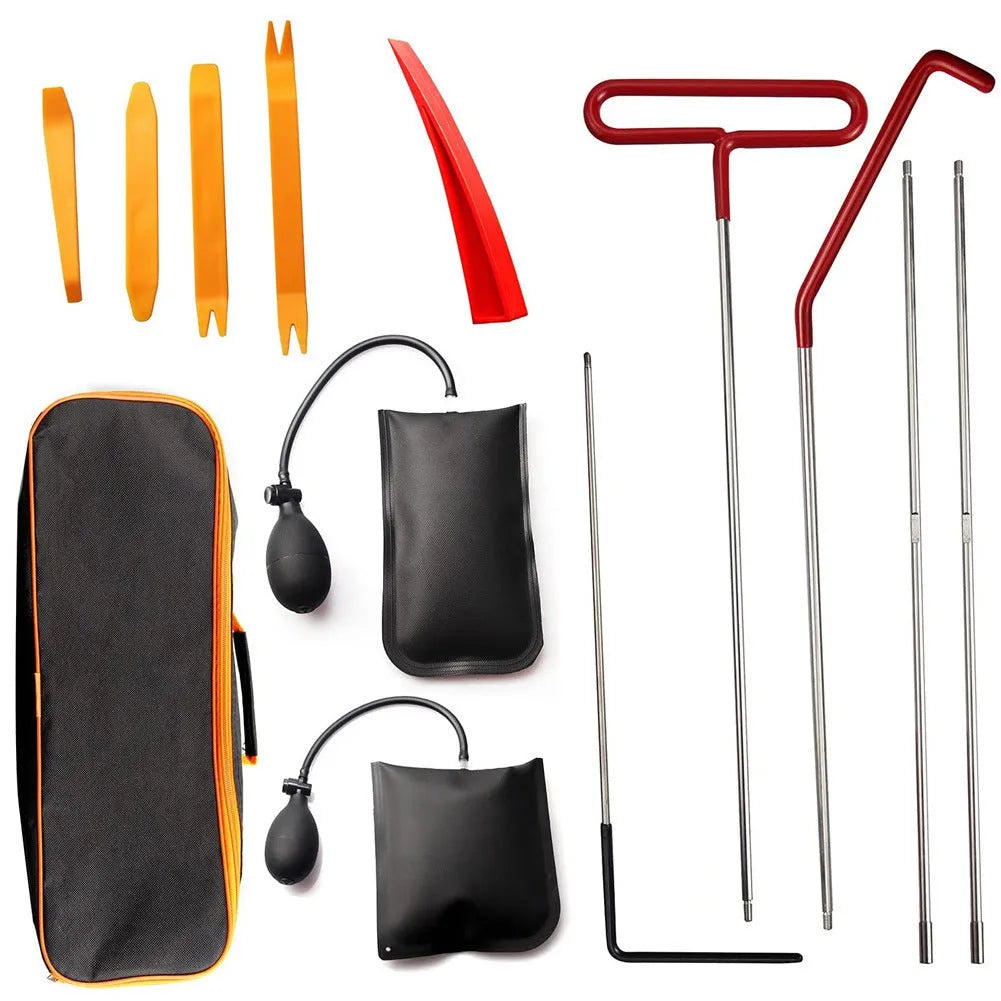 13-piece car tool kit with no damage air wedge bag and stainless steel long reach tools