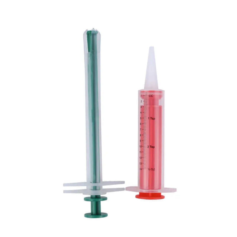 Two pet pill shooters with soft silicone tips for administering tablets to cats and dogs