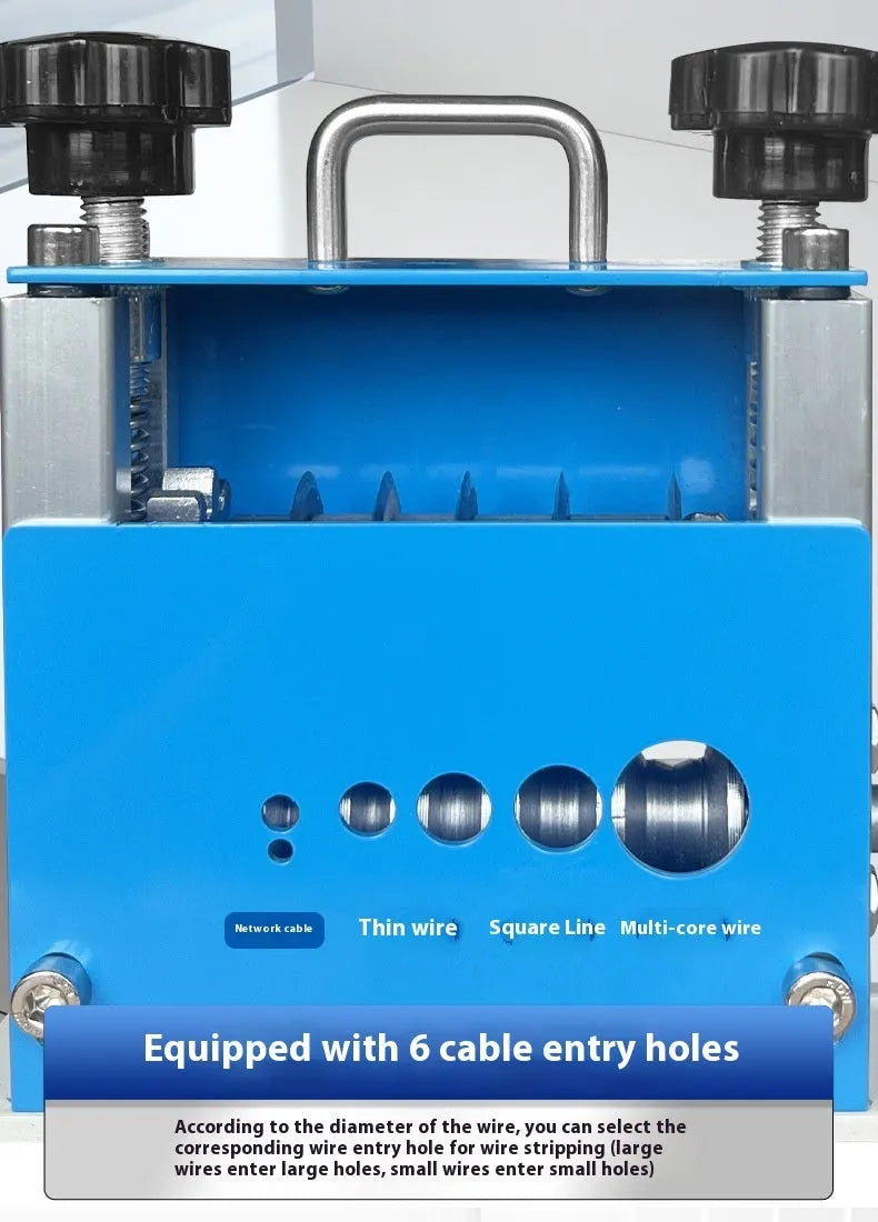 SD-017 manual wire stripping machine on a workbench, showing adjustable blades for 0.5-17mm wires.