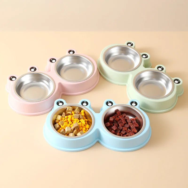 Stainless steel pet bowl with frog decoration and double compartments for food and water separation