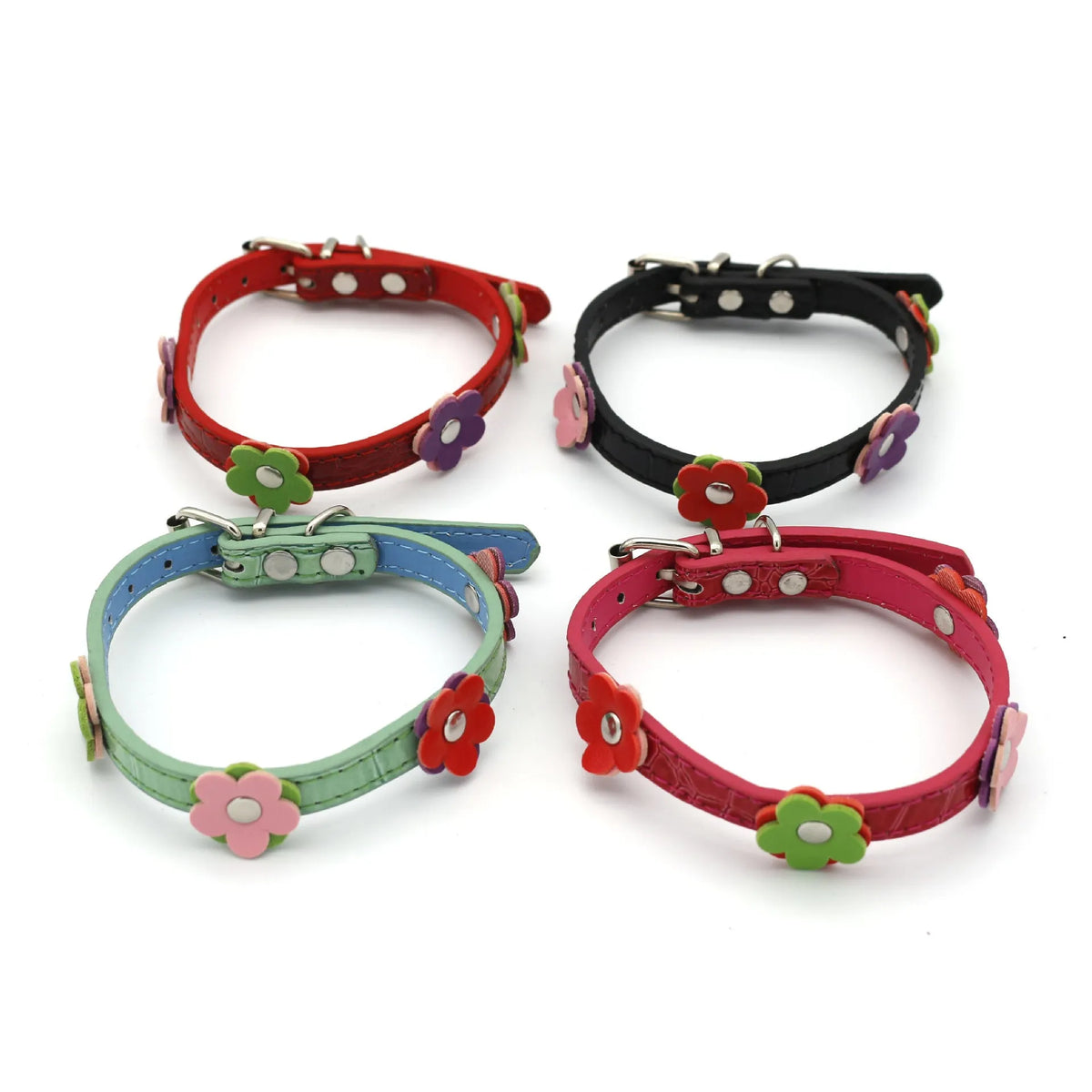 Small dog and cat collar, 1.5cm wide PU, flower pattern, shown in red, green, black and rose