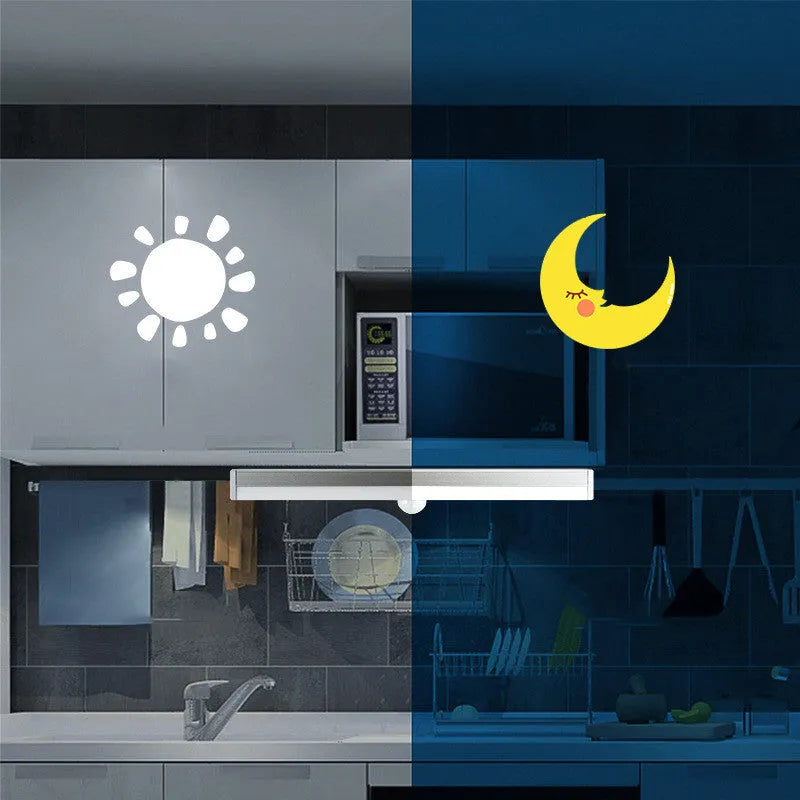 Black and white battery-operated LED strip light with body motion sensor in various lengths.