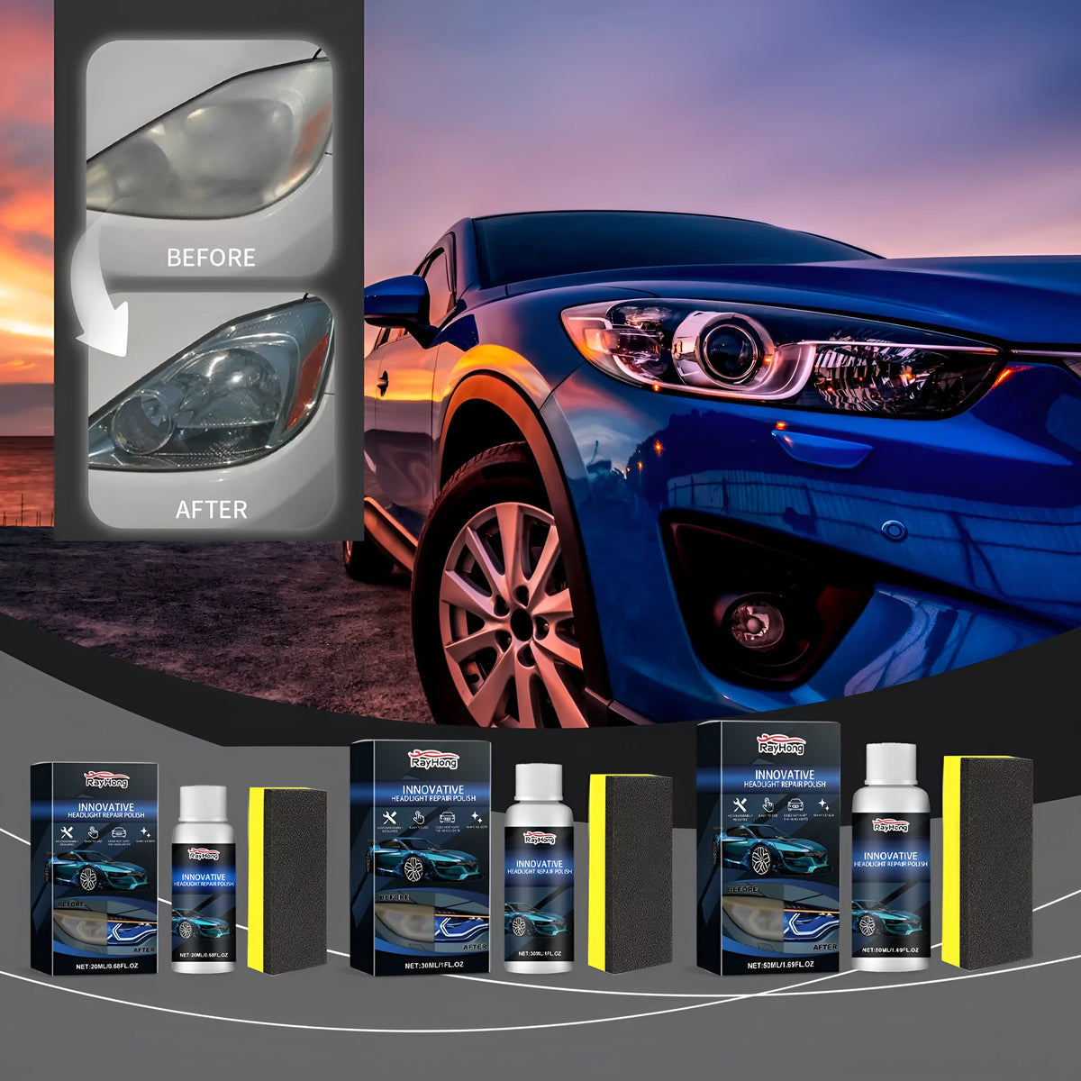 Car headlight renovation care solution kit with sponge applicator in 20ml 30ml 50ml sizes