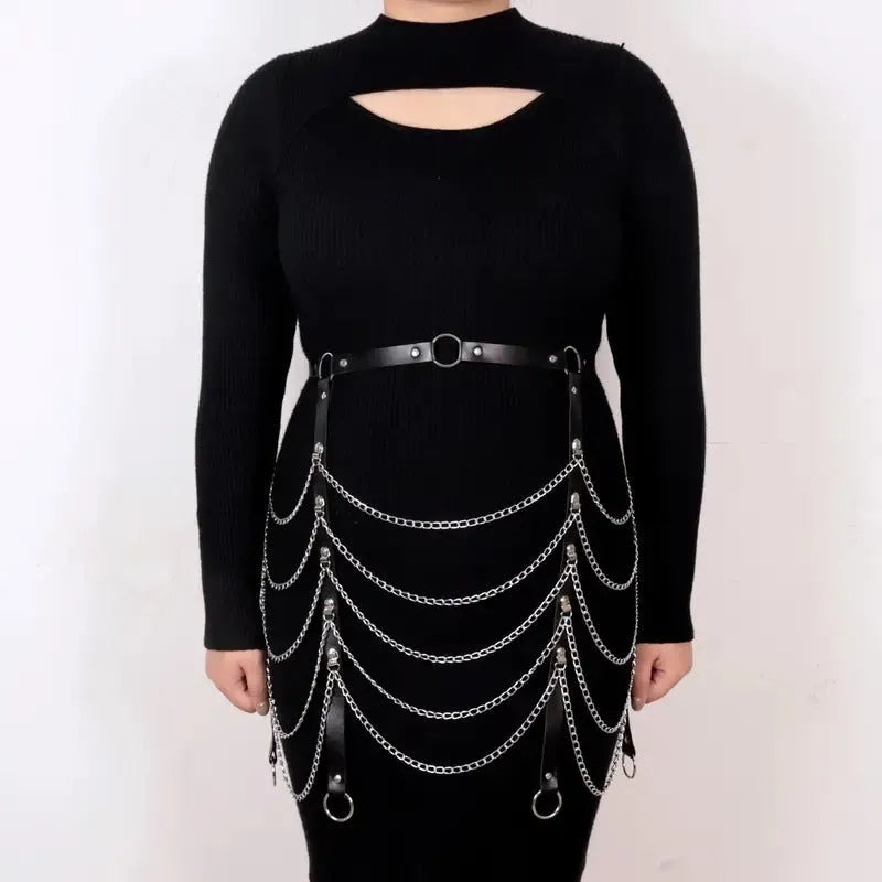 Black PU leather adjustable waist chain with metallic chain detailing for women