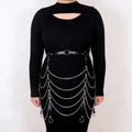 Black PU leather adjustable waist chain with metallic chain detailing for women