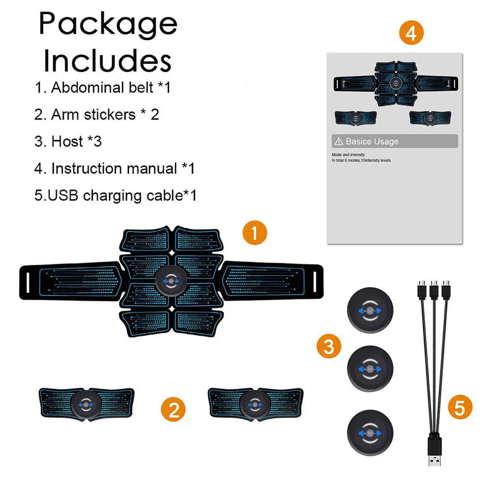 EMS abdominal muscle stimulator belt with 6 modes, 10 frequencies, 1 belly belt, 2 arm belts, and 3 controllers.
