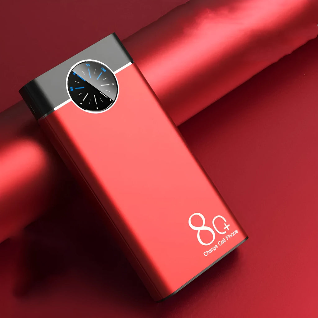 Black fast charging power bank with alloy shell showing LED light and charging ports
