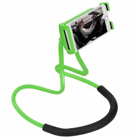 A white flexible neck strap phone holder with a 360-degree rotating clamp gripping a smartphone.