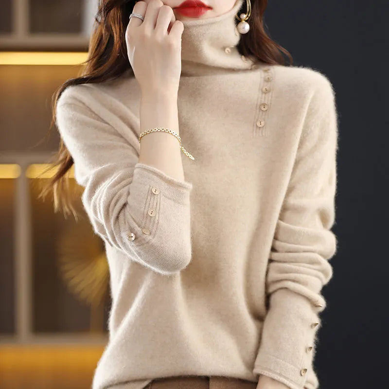 Slim fit core-spun yarn knitted bottoming shirt in light camel colour showing 3D pattern detail.