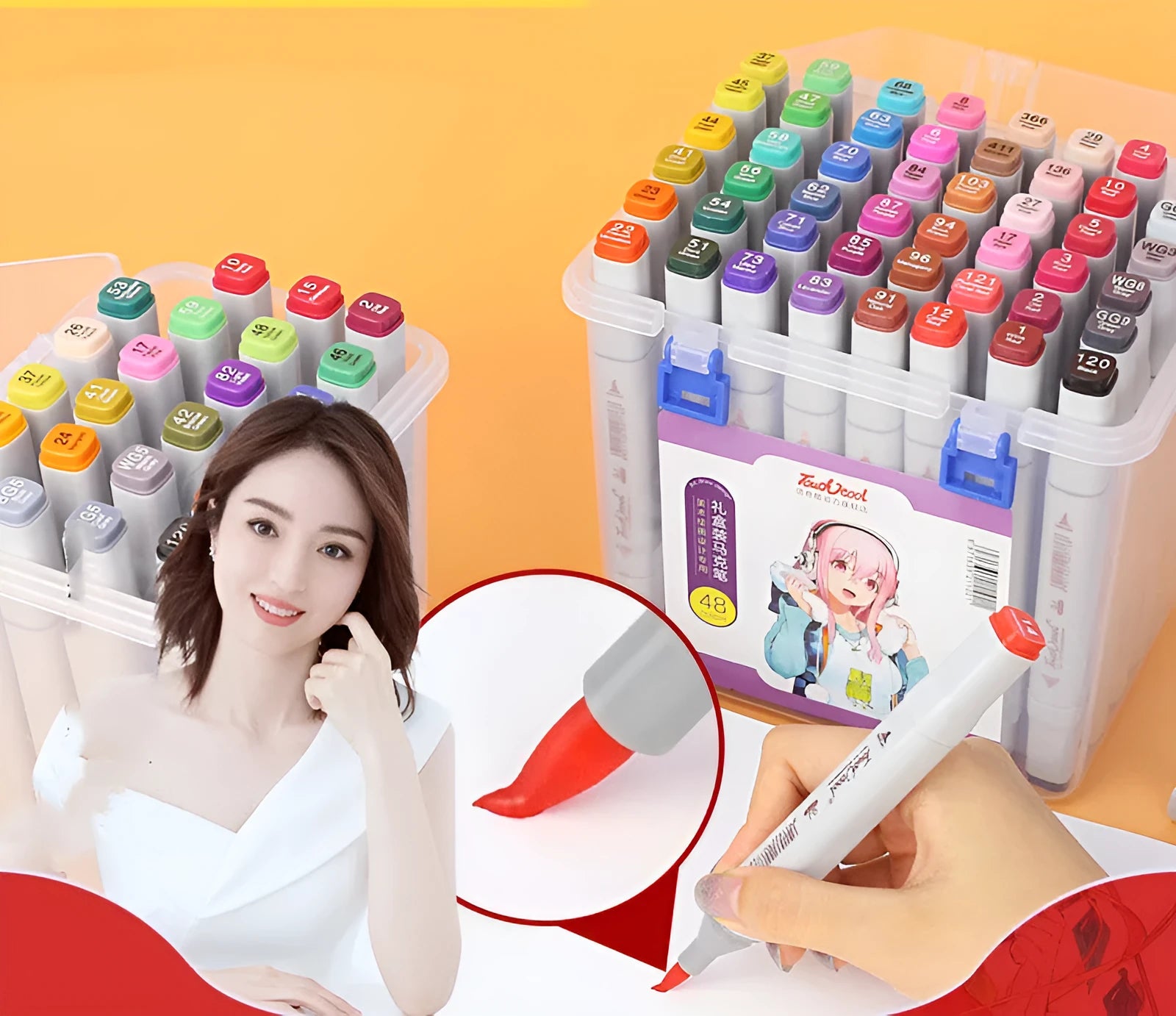 48-colour oily soft-tip marker set with round and oblique heads for hand-painted artwork