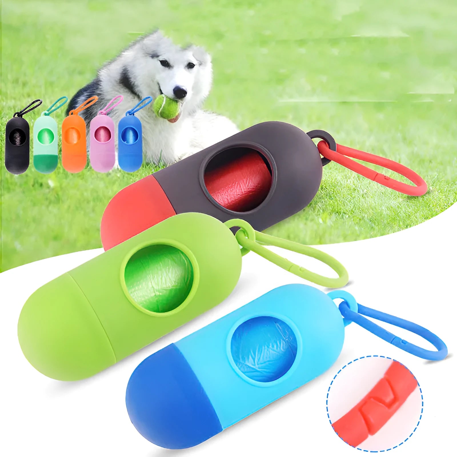 A black rectangular dog poop bag holder with a side metal hook and a grey Velcro strap, showing its compact size.
