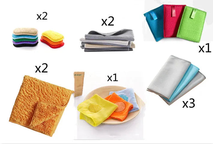 Double-sided kitchen cleaning sponge with polyurethane core and assorted dishcloths set of 11 pieces