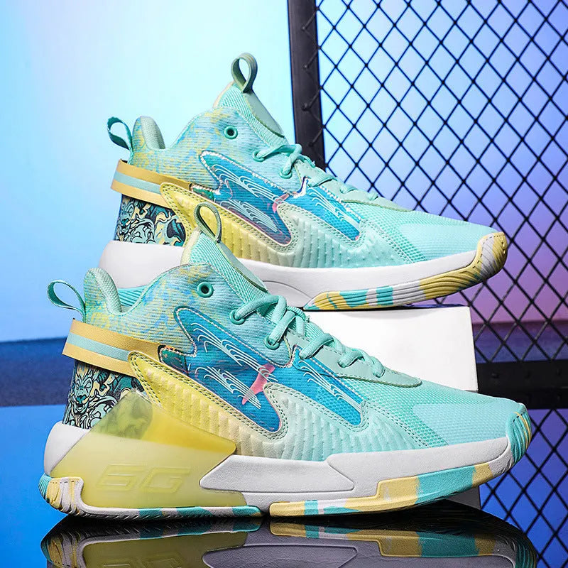 Luminous high-top basketball shoes in pink and blue with graffiti pattern for children