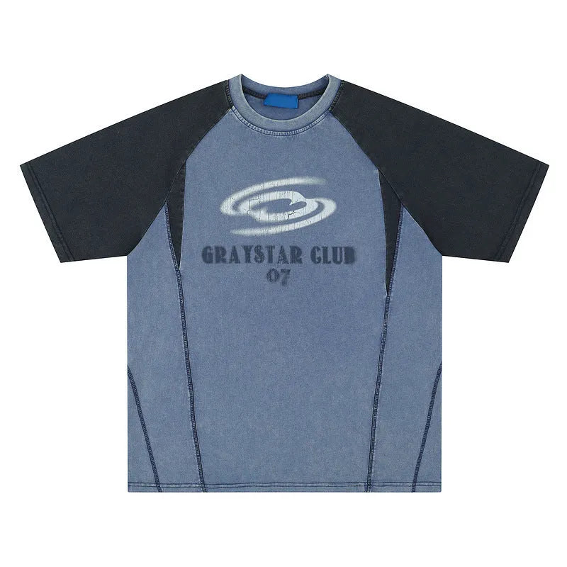 Men's blue hip hop letter print t-shirt with raglan sleeves and loose casual fit