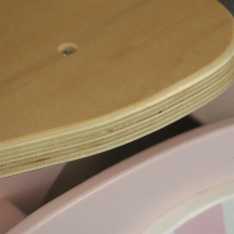 Pink wooden toddler balance scooter with a 10-inch deck for children aged 1-6.