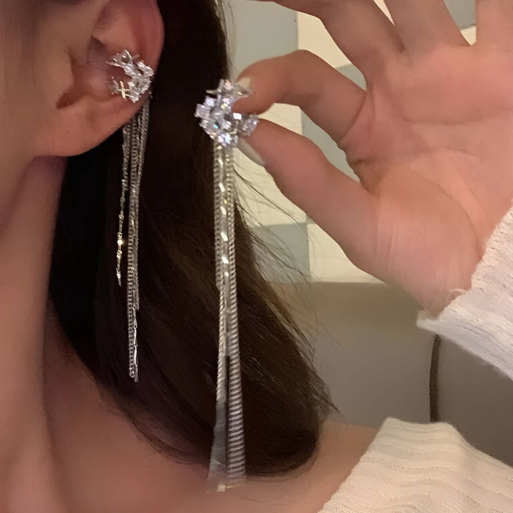 Moon zircon long tassel chain earrings without ear holes, U-shaped alloy ear clips, sweet and cool style for women