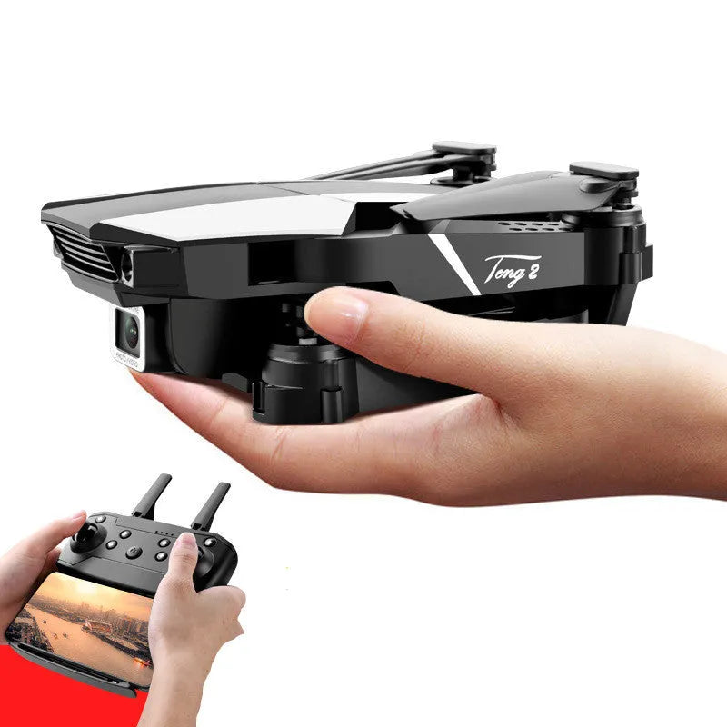 S62 folding quadcopter drone in black with arms extended and camera visible against white background