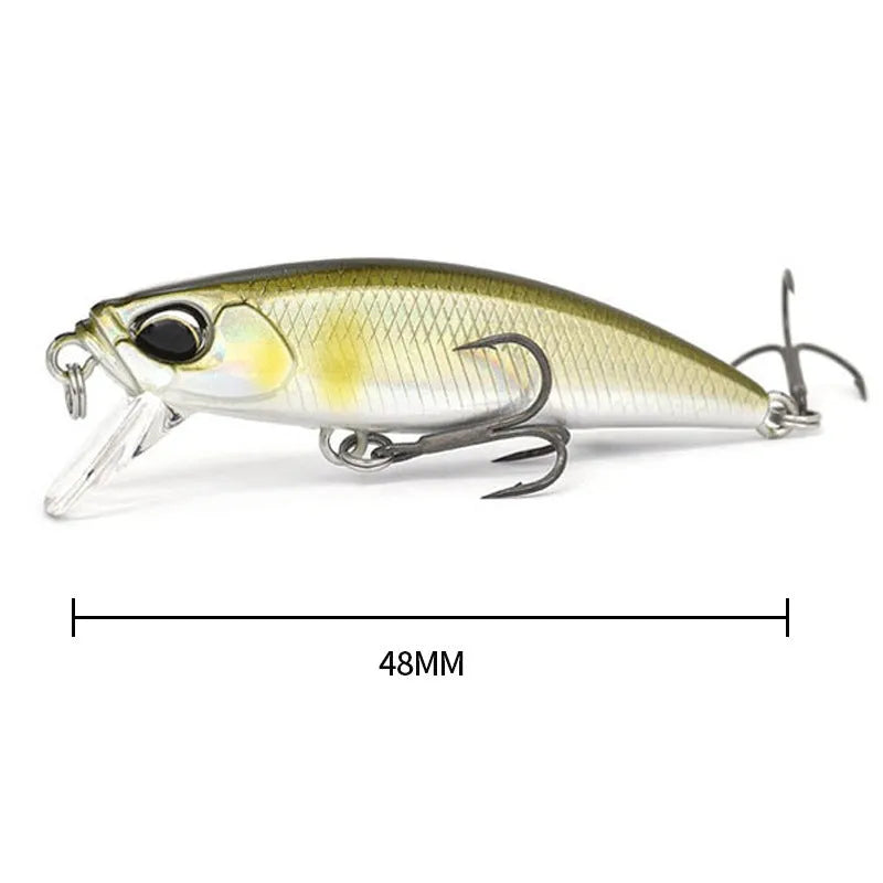 Japanese Submerged Mino hard fishing lure in multiple colours, showing 48mm length and detailed scale pattern for Mandarin Fish and Snakehead.
