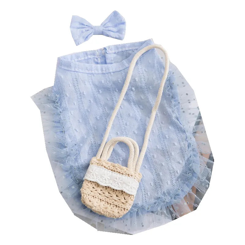 Two-tone blue sleeveless pet outfit with ruffles, matching bow, and small woven crossbody bag on a small dog