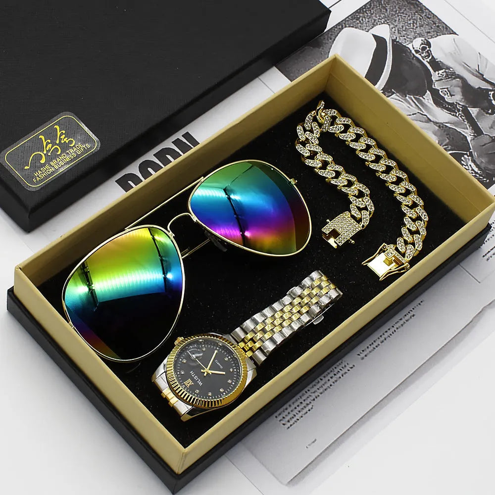 Men's steel bracelet watch with gold accents and matching sunglasses in gift box set