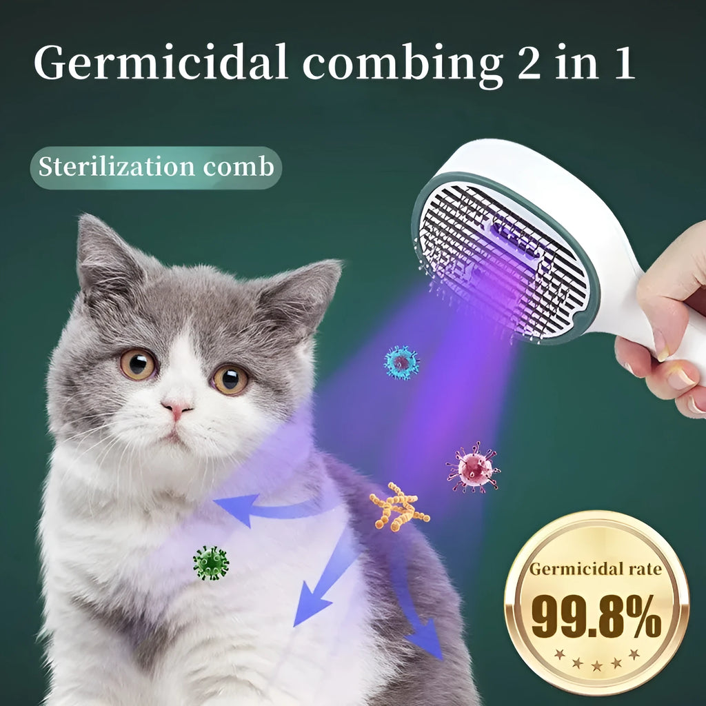 Dark green pet grooming comb with UVC sterilisation light, slicker brush, and needle comb on a grey background.