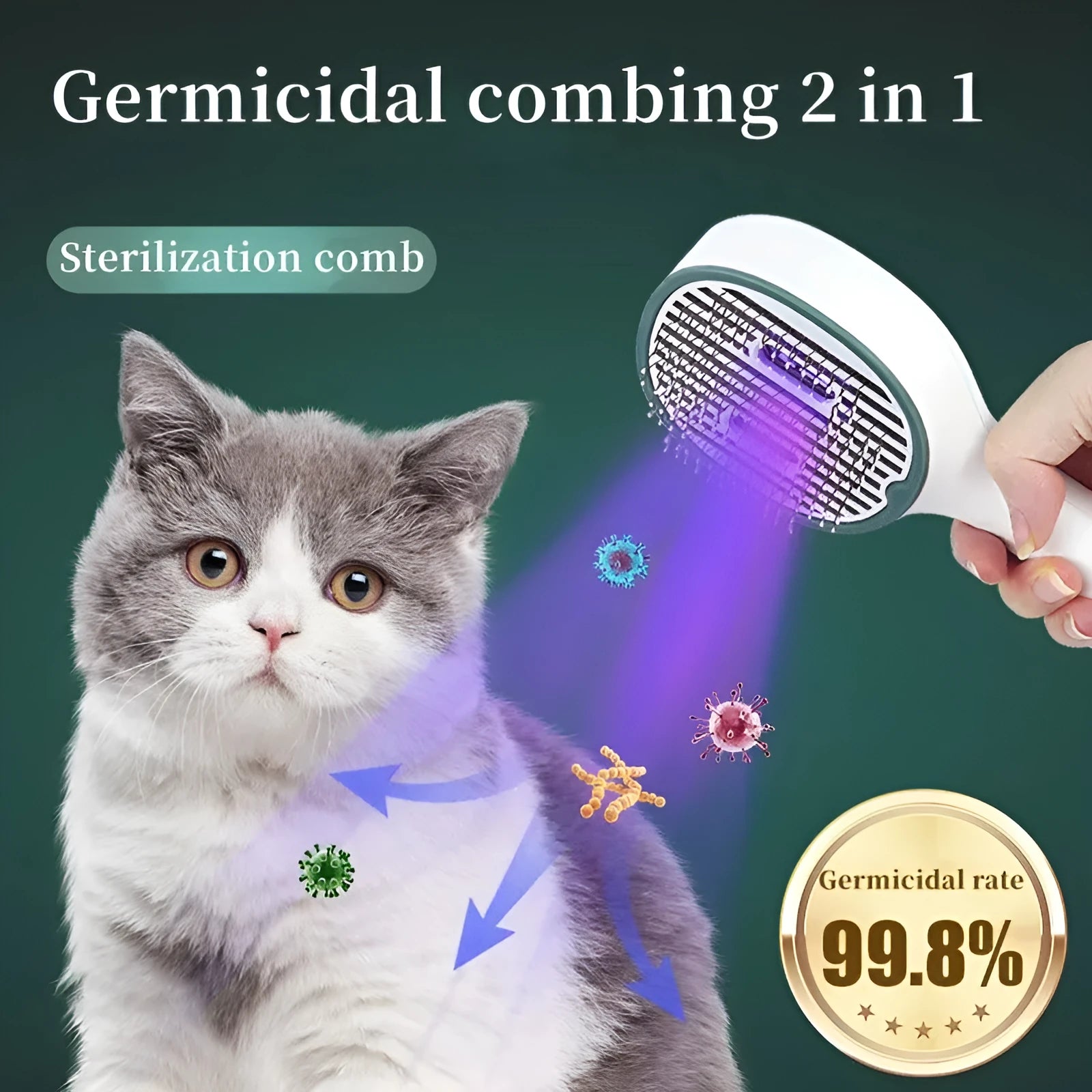 Dark green pet grooming comb with UVC sterilisation light, slicker brush, and needle comb on a grey background.