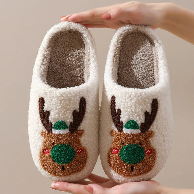 Christmas elk plush house slippers in red and green with anti-slip sole and artificial wool lining