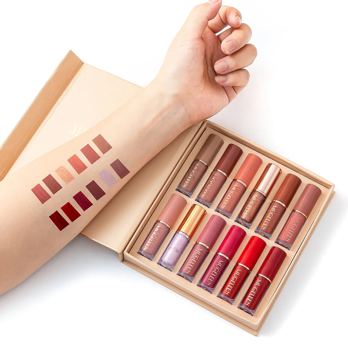 Matte shimmer lip glaze set with 12 colours featuring non-stick cup technology