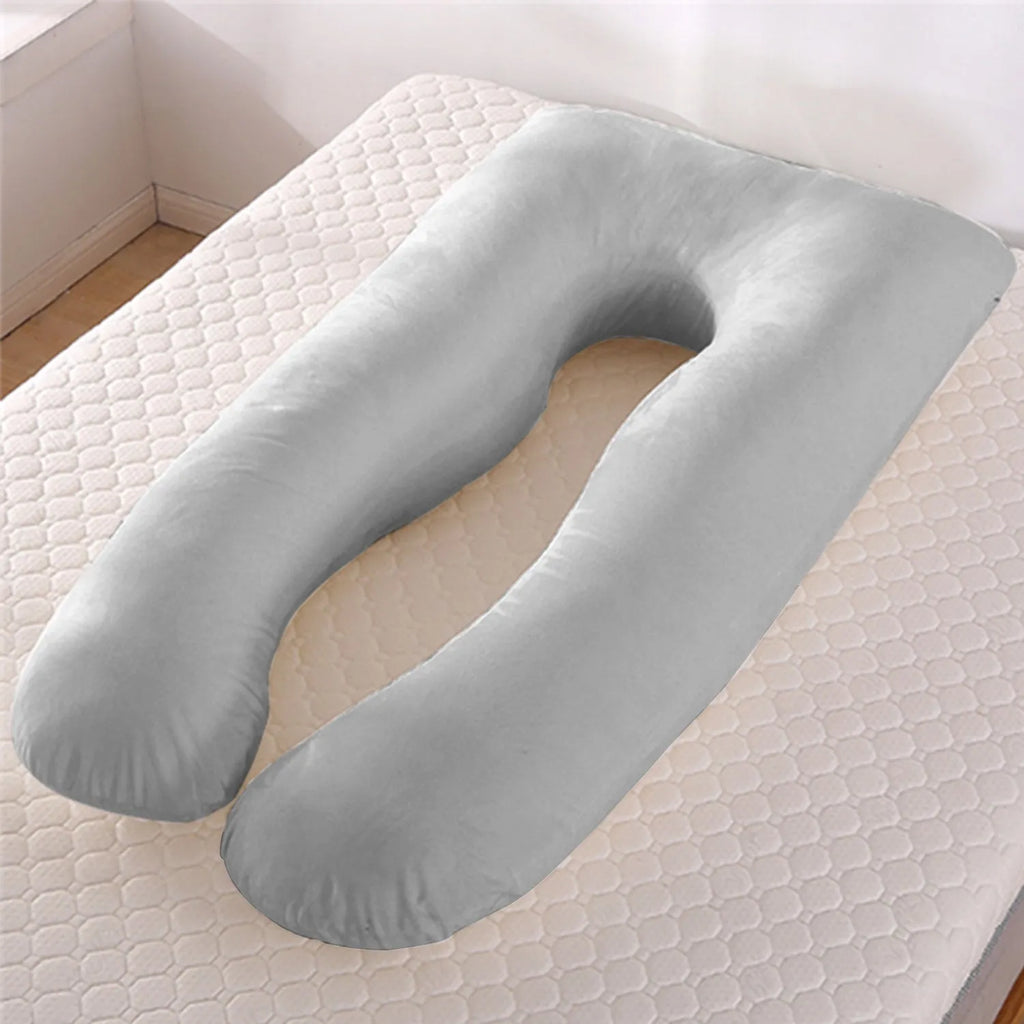 U-shaped pregnancy pillow in ice silk fabric shown in light blue colour, demonstrating its supportive shape.