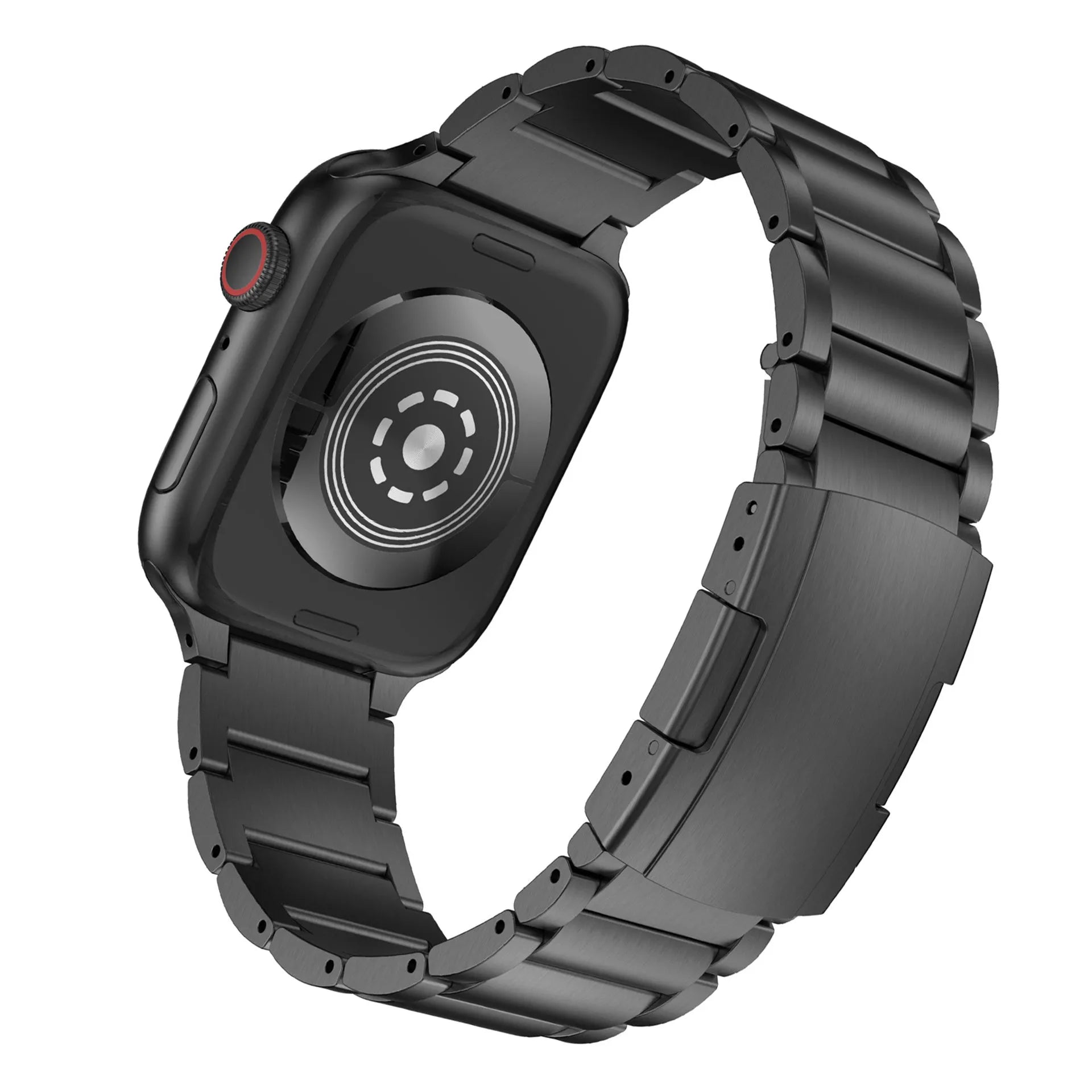 Black titanium metal band with folding buckle for Apple Watch on a grey background