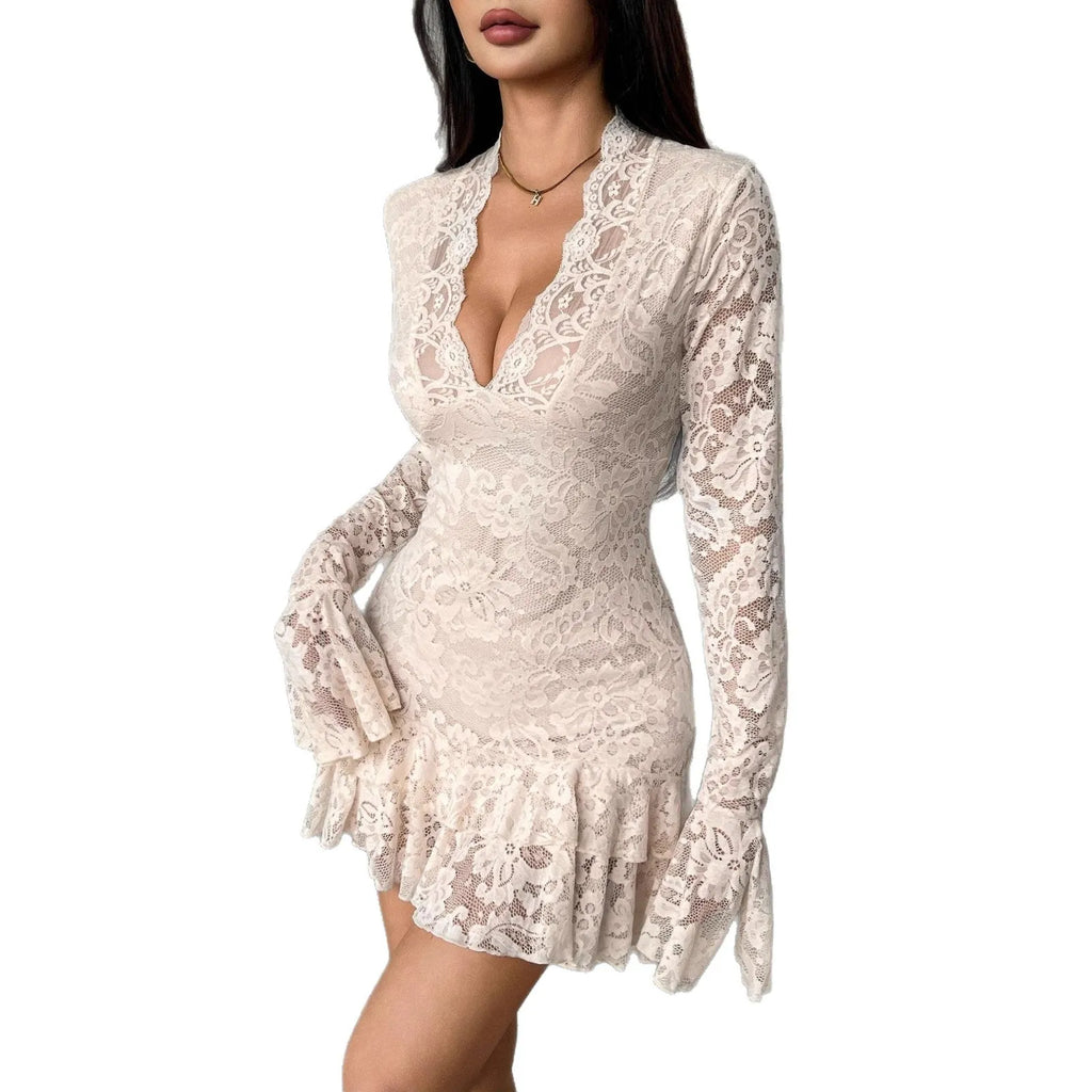 Apricot lace V-neck double-layer ruffled slim-fit mermaid dress with floral pattern and flared sleeves