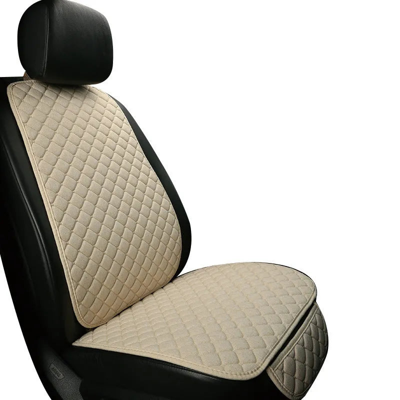 Linen universal car seat cushion in black with decorative red thread pattern on base.