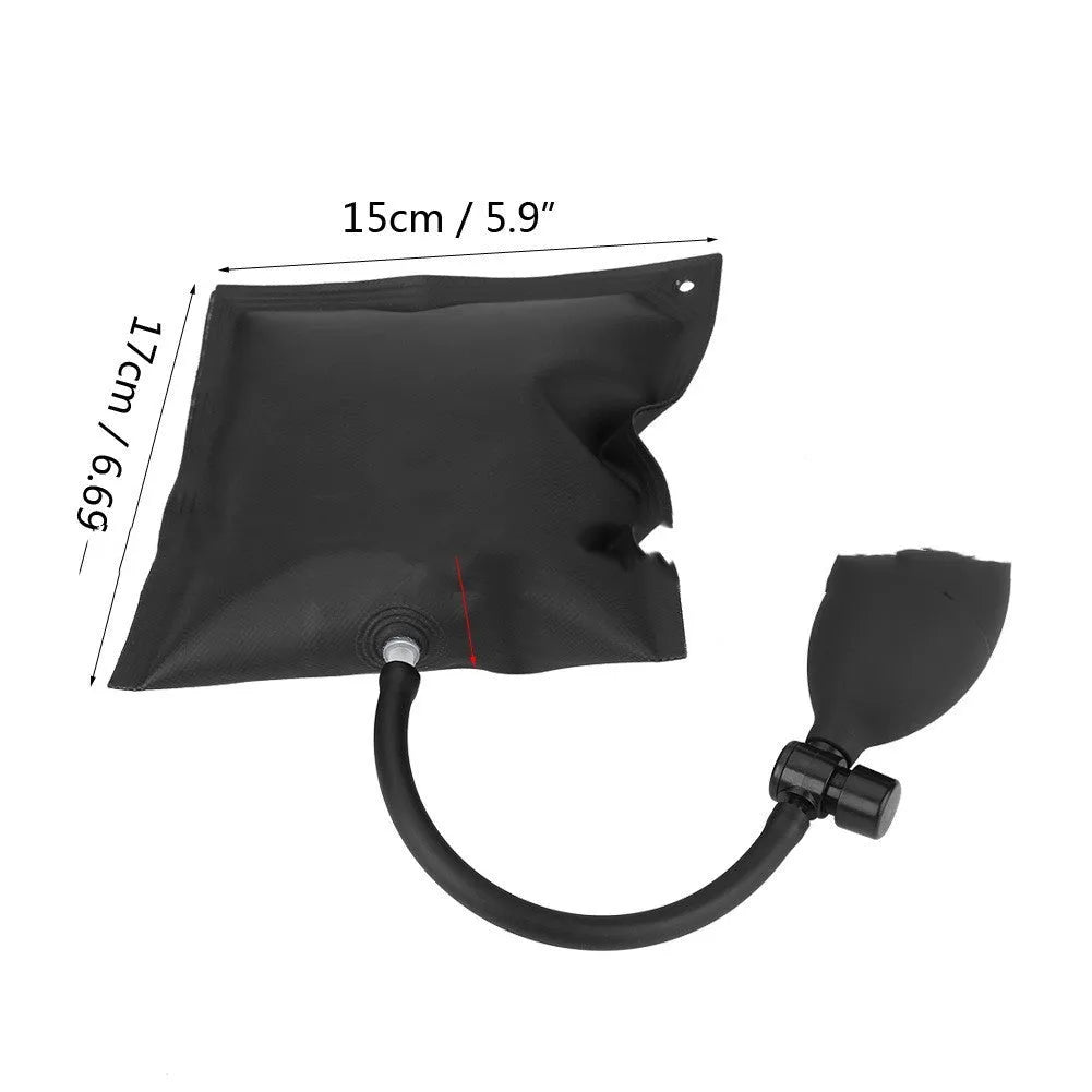 Nine-piece automotive maintenance tool set showing air pump wedge, plastic wedges, metal crowbars and hooks for car door access