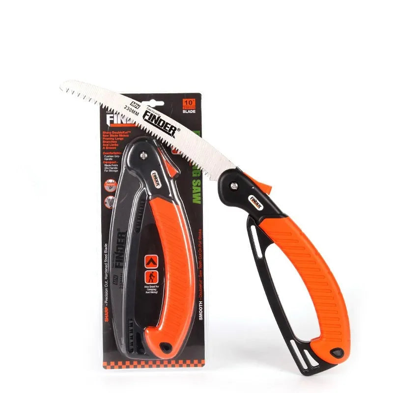 A closed and open view of a folding hand saw with a black TPR grip and a silver 65MN steel blade.