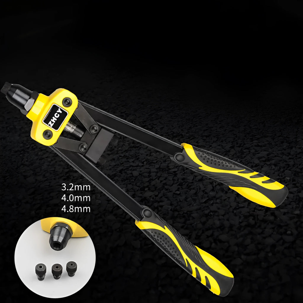 Yellow 13-inch manual rivet gun for household use with three built-in tip sizes