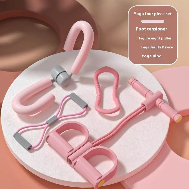 Yoga four piece set showing leg beauty device, yoga ring, pedal puller, and figure eight tension rope for home workouts.