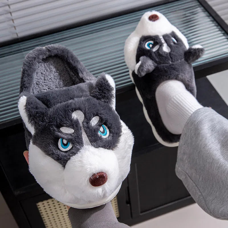 Cute Husky cartoon pure cotton slippers for men and women, warm indoor winter footwear in dark gray