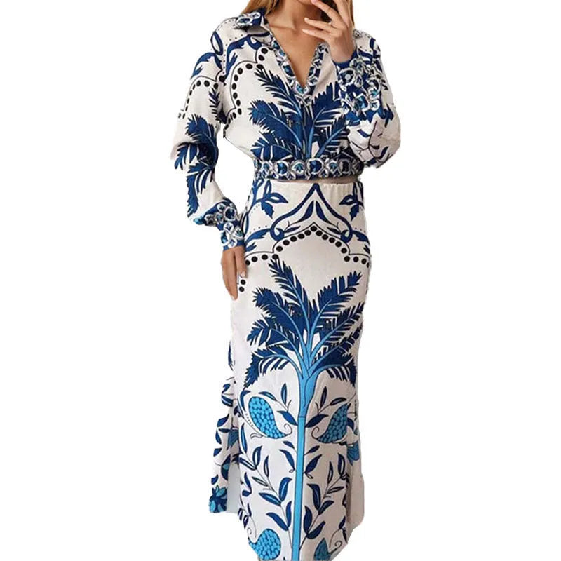 Women's floral print casual two-piece set with a long sleeve top and long skirt for early spring.