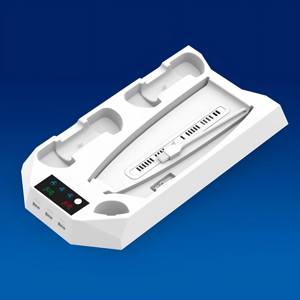 PS5 charging station with direct USB plug, heat dissipation base, and accessory storage in black or white