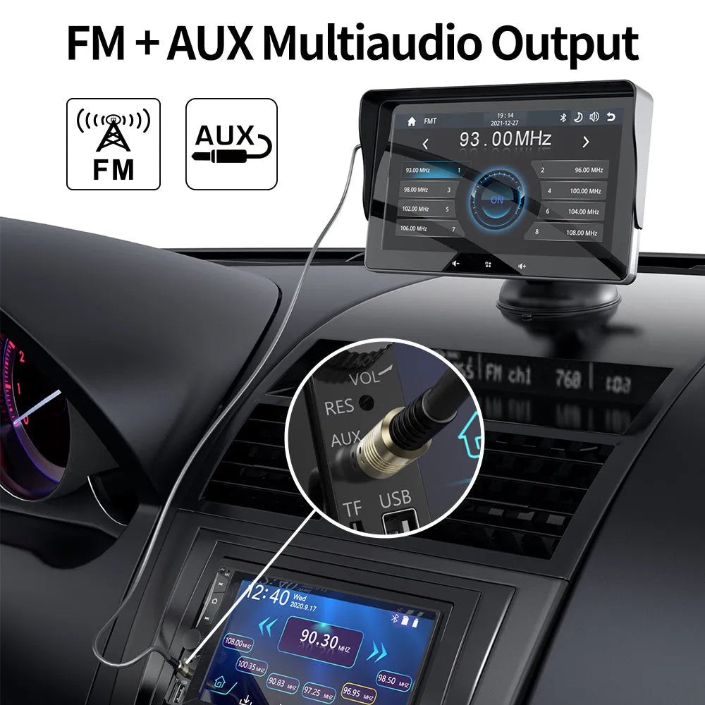 7 inch wireless CarPlay display mounted on a car windscreen with suction cup, showing iPhone apps on screen.