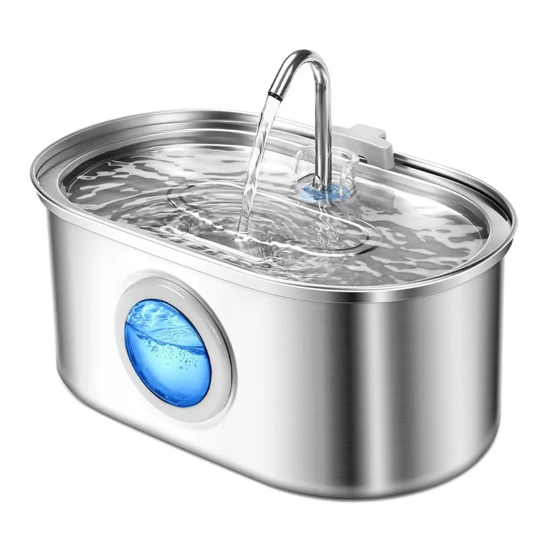 Stainless steel pet water dispenser with round runway design and bowl-window faucet