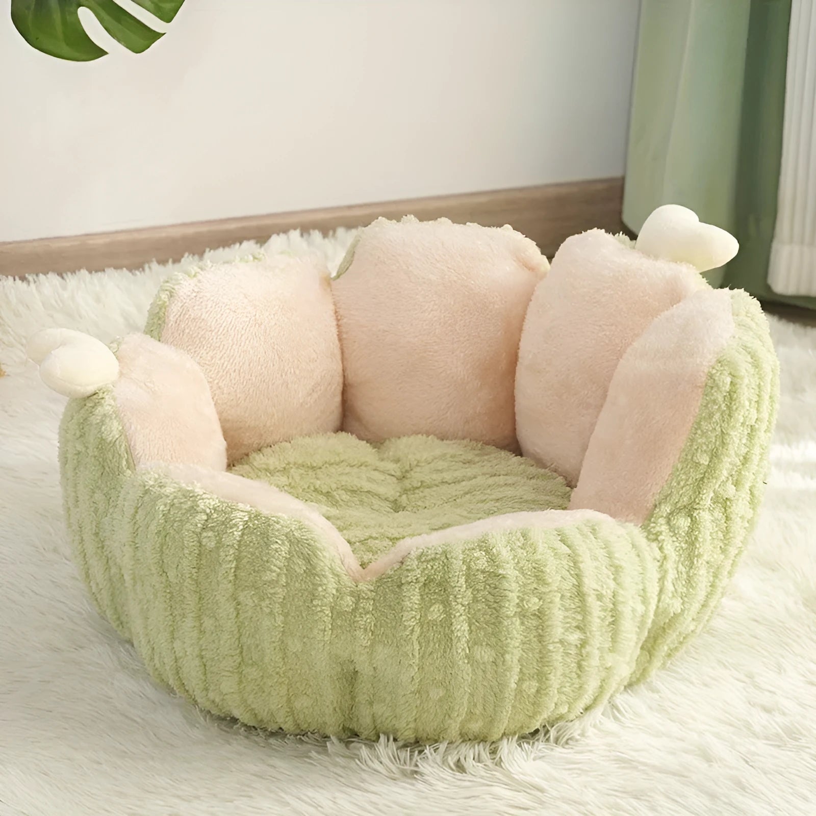 Cactus-themed cat kennel with removable cushion in purple or green, showing large and small size options
