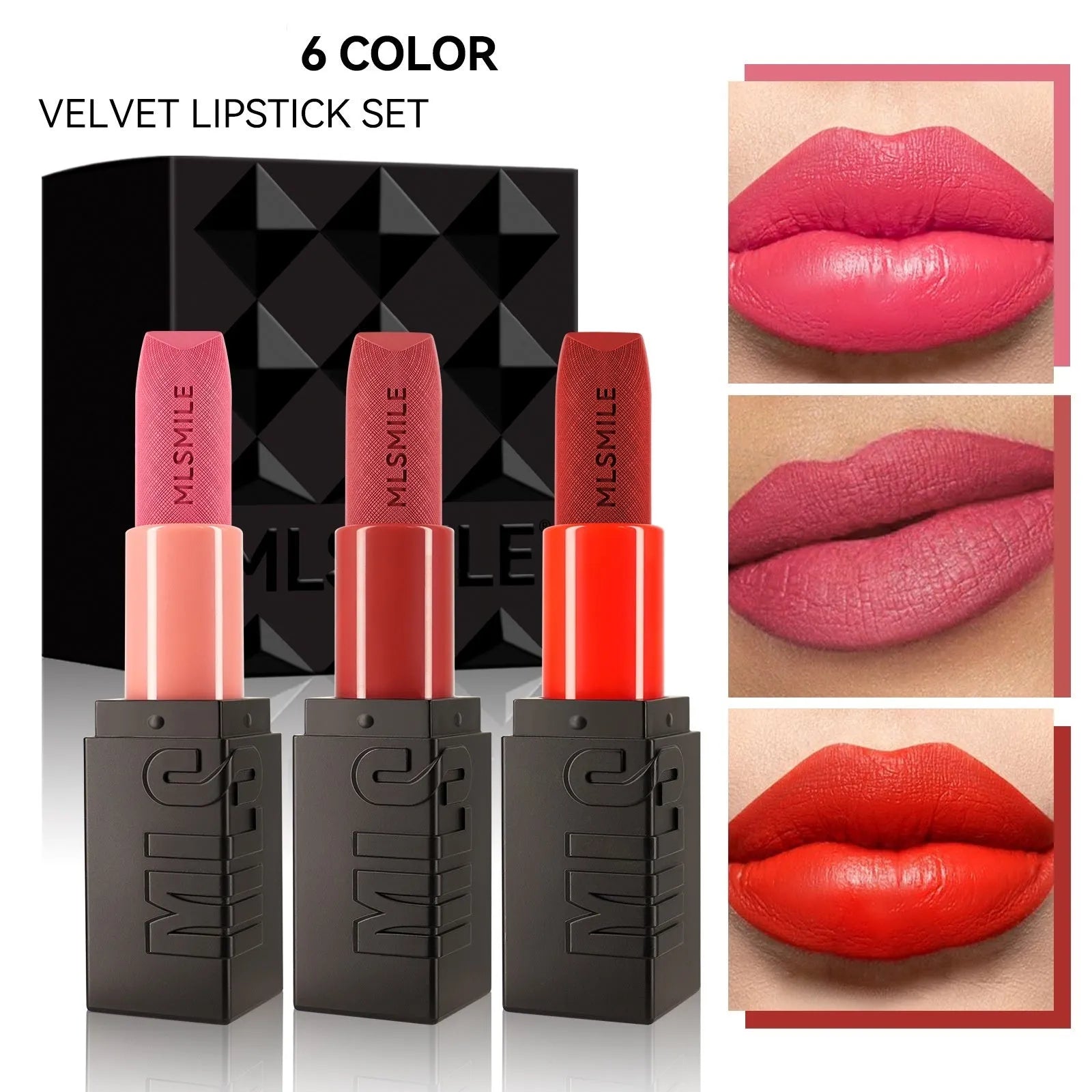 MLSMILE embossed lipstick trio set showing three lipsticks in a compact 7.7cm x 6.8cm case.