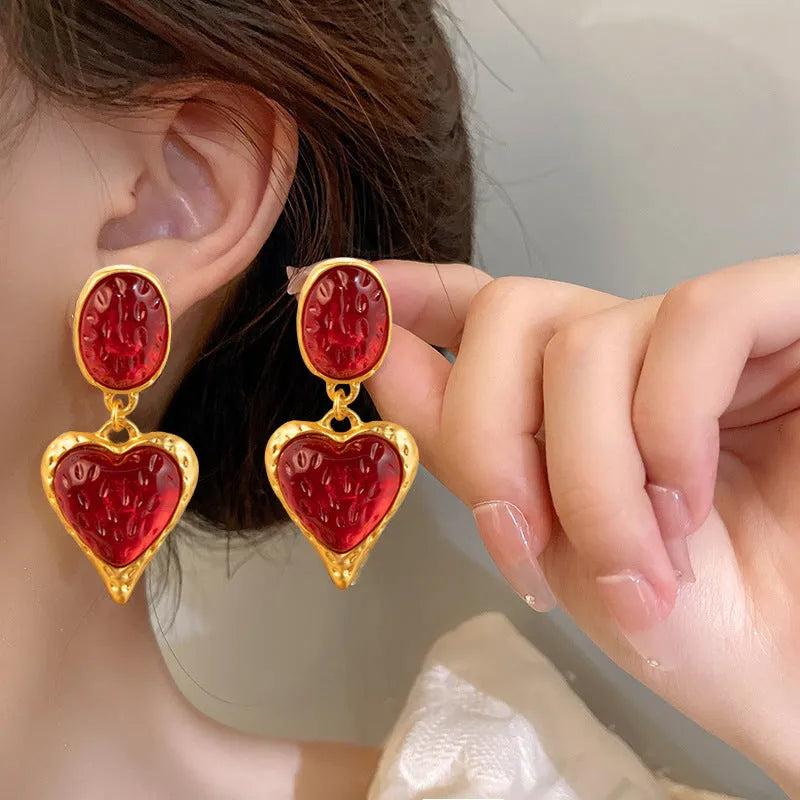 Silver needle pleated oval love heart stud earrings in purple, red, green, yellow and white colour options