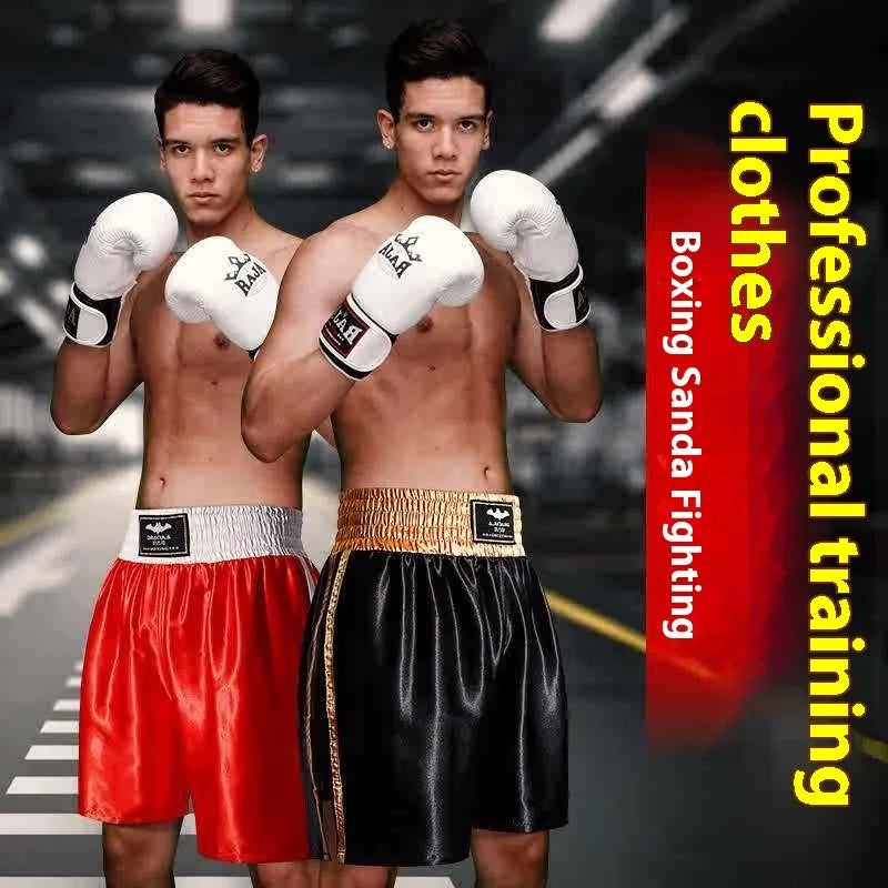 Professional fighting boxing pants in double-layer nylon fabric, available in black red, white red, silver, gold, black gold, sizes XXS to XXL
